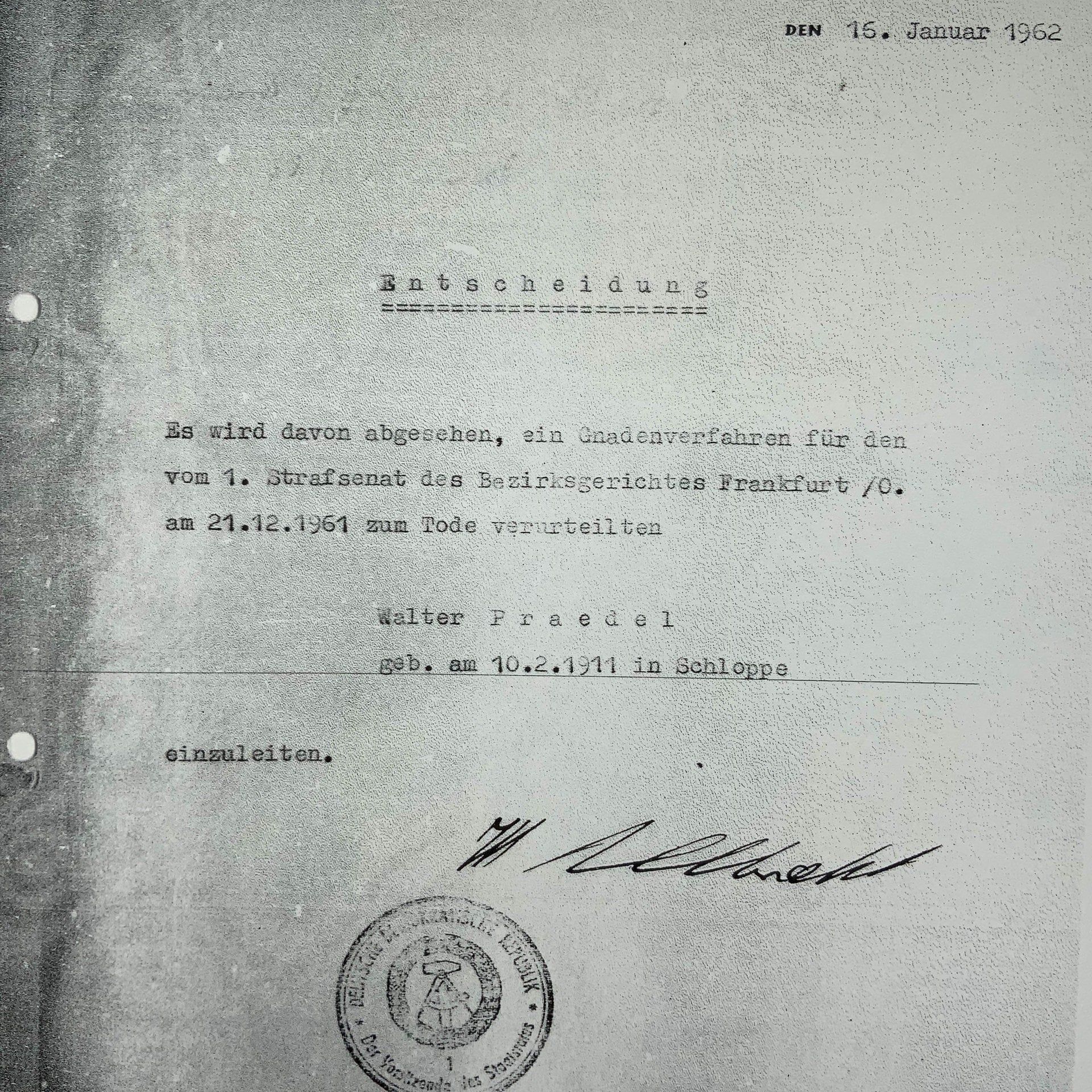 Urteil: Todesstrafe | DDR-Strafprozess gegen Walter Praedel | 20.12.1961 (4/4)