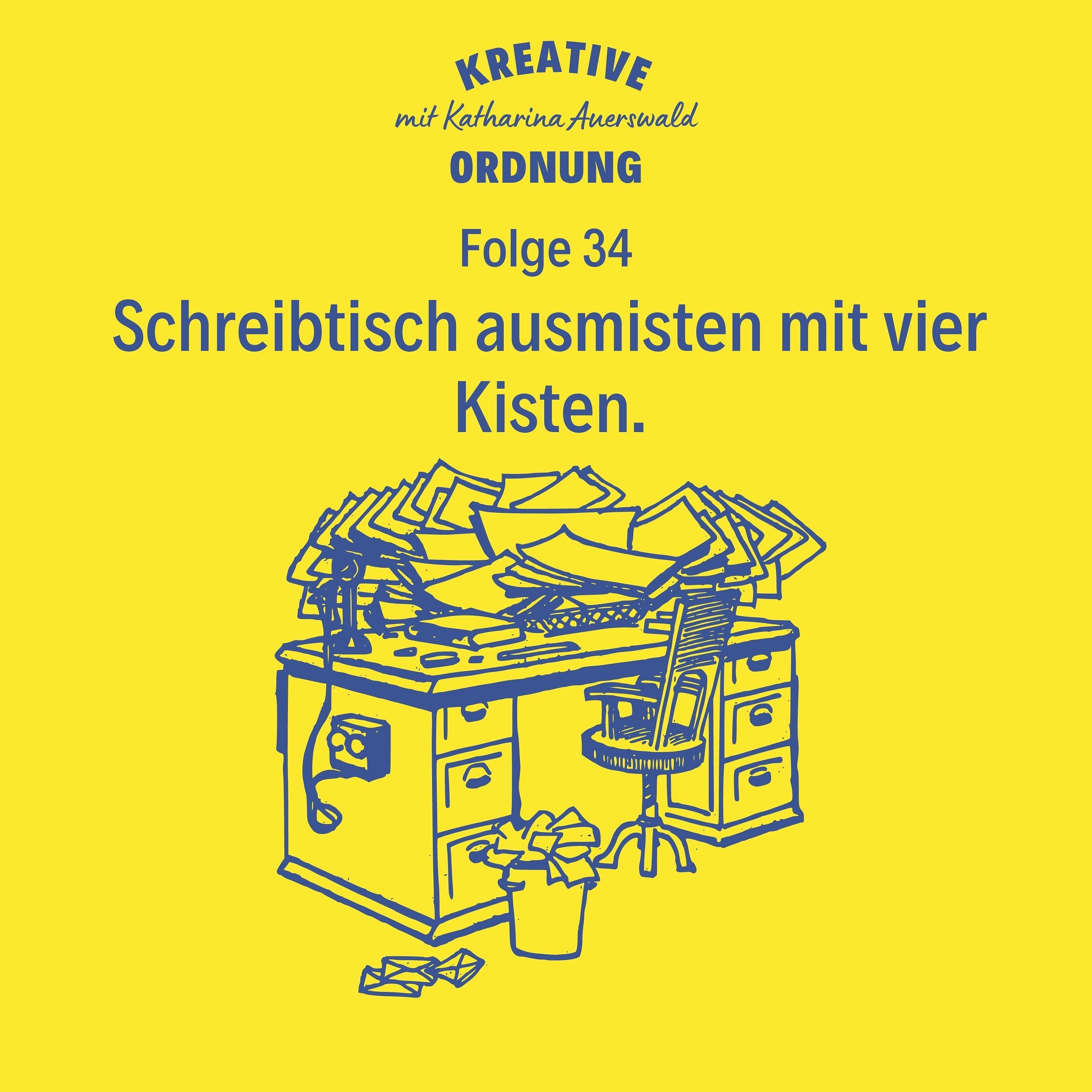 Schreibtisch ausmisten mit vier Kisten