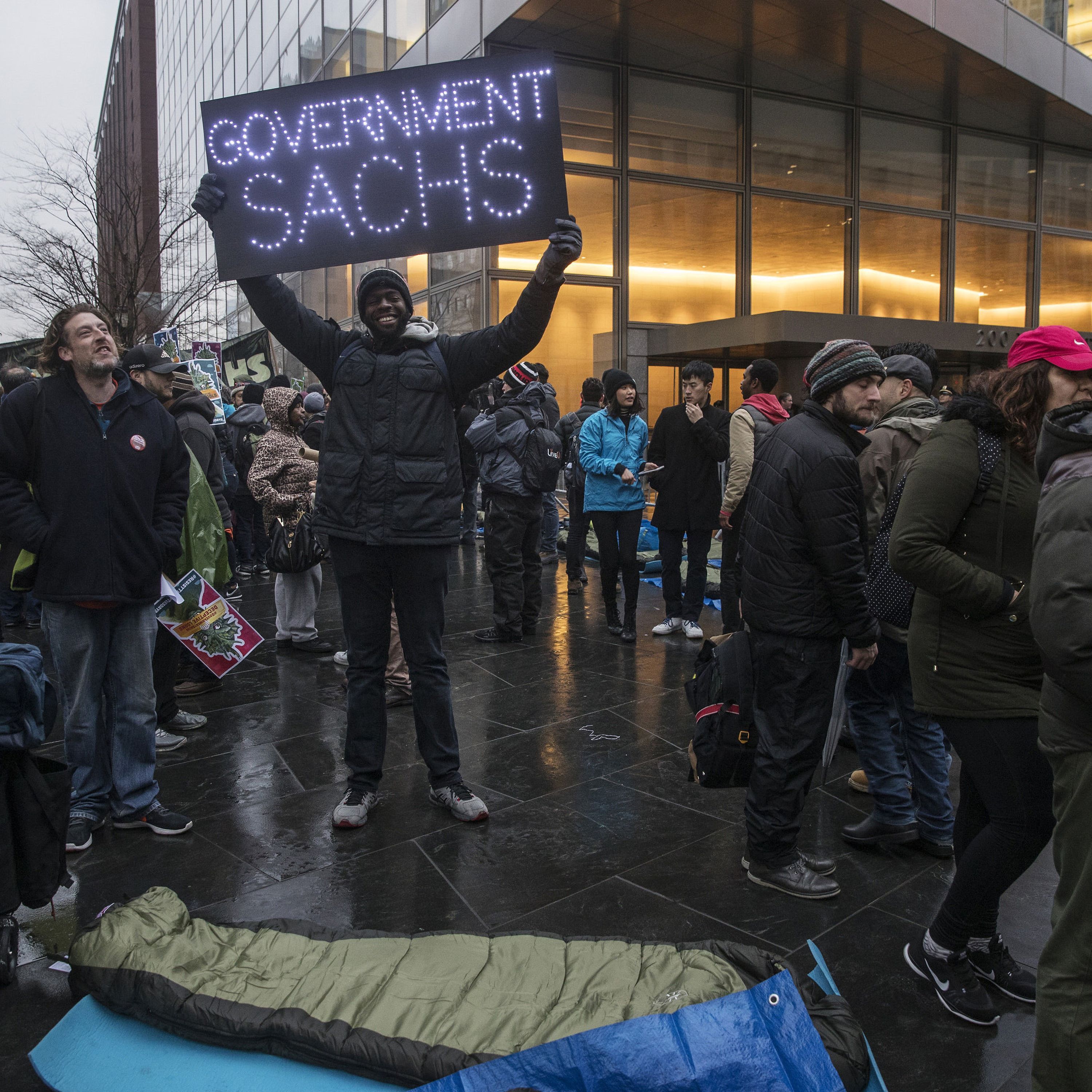 Protesters camp outside Goldman Sachs HQ