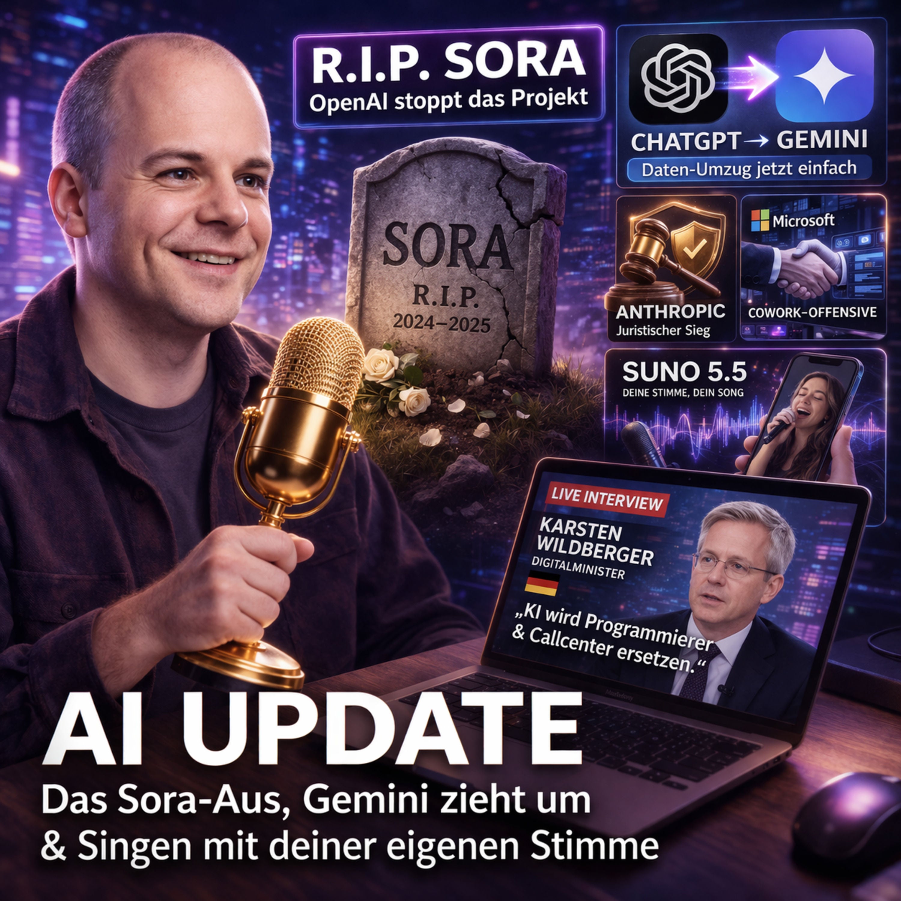 OpenAI stellt auch KI Videomodell von Sora ein | US-Richterin kippt Sanktionen gegen Anthropic | ChatGPT & Claude Memory zu Gemini umziehen | Copilot Cowork | Suno 5.5 | Karsten Wildberger Interview
