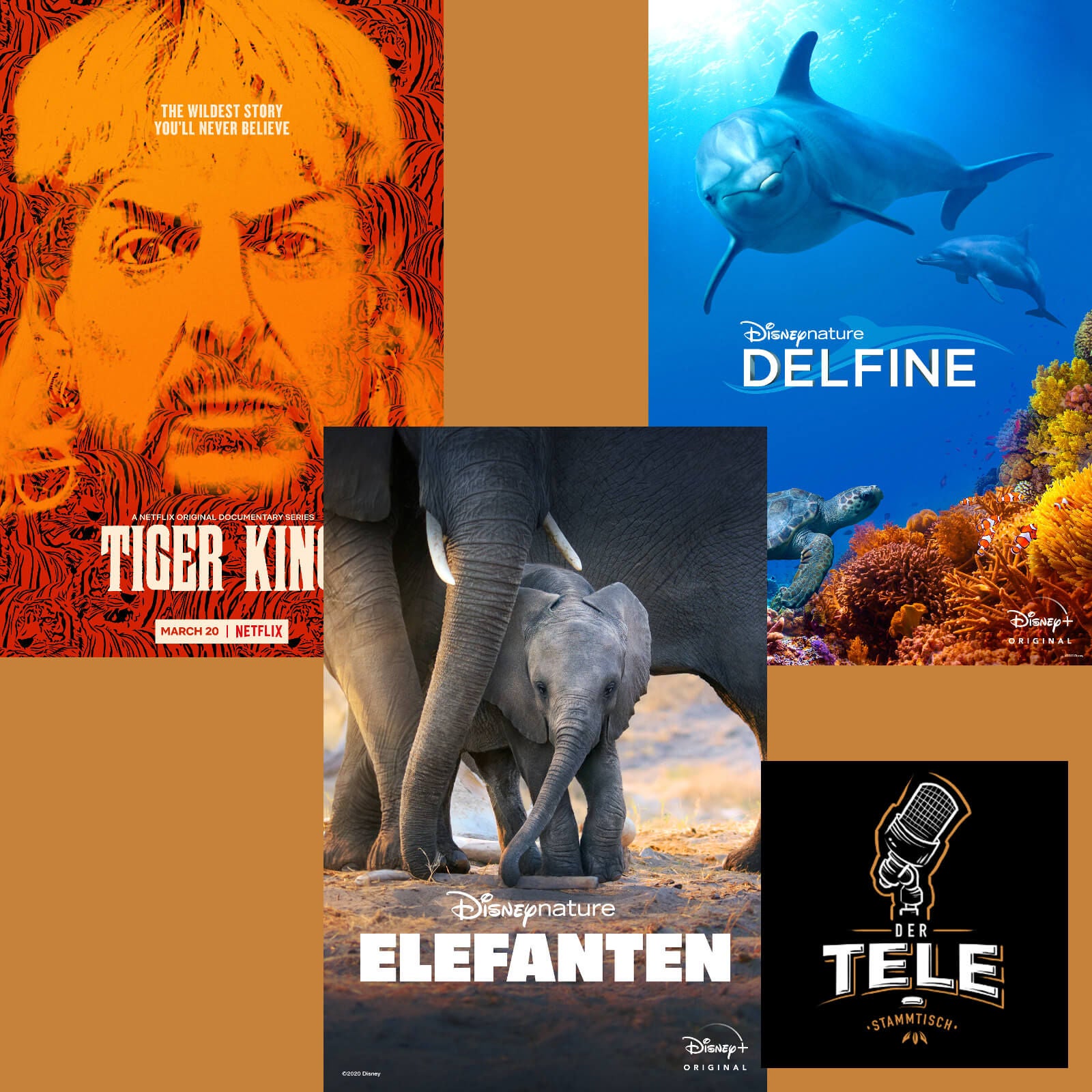 "Großkatzen und ihre Raubtiere (Tiger King)", "Elefanten" und "Delfine"