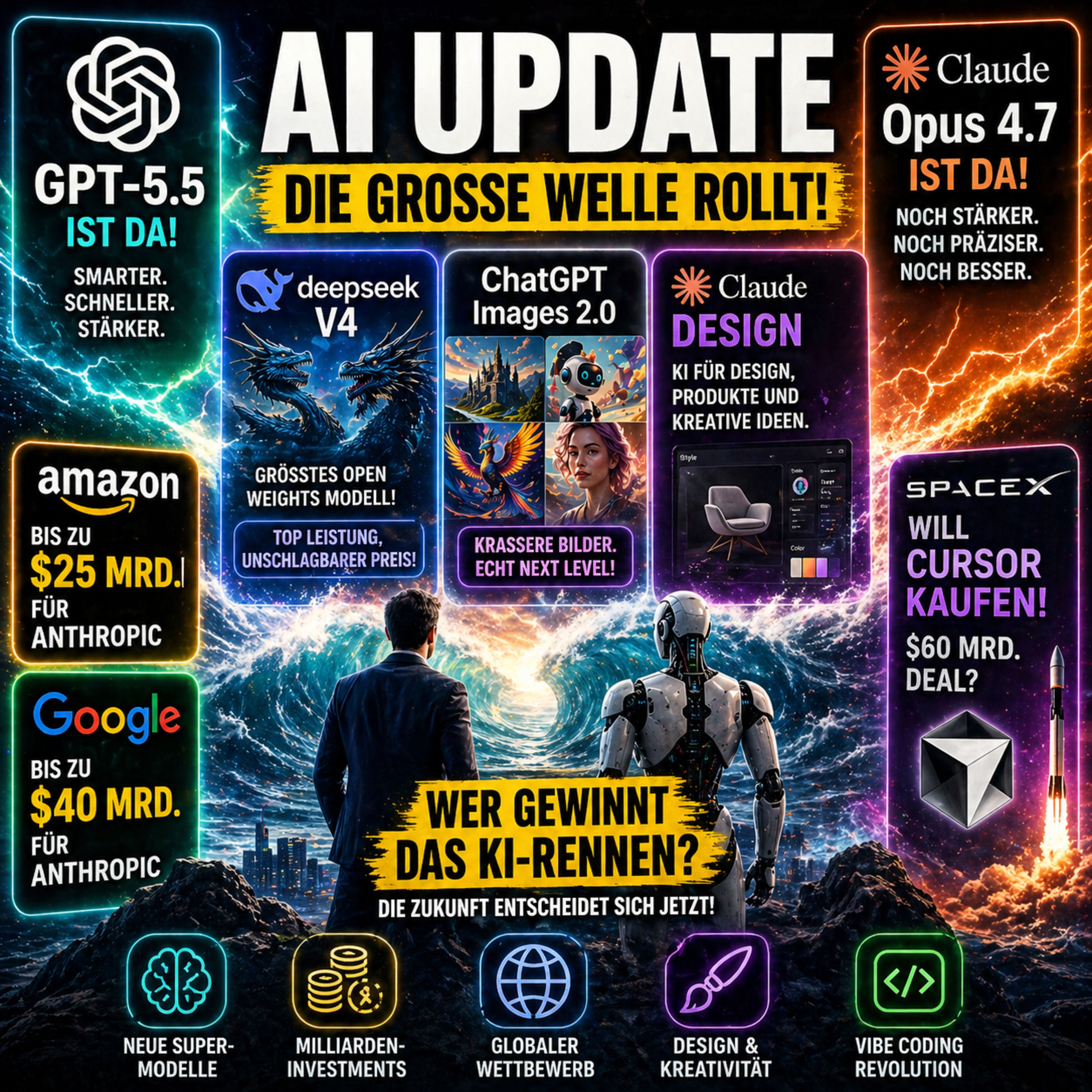 GPT-5.5, Opus 4.7, Deepseek 4 | ChatGPT Images 2 | Claude Design | Milliarden-Kampf um die KI-Zukunft | SpaceX will Vibe Coding IDE Cursor kaufen