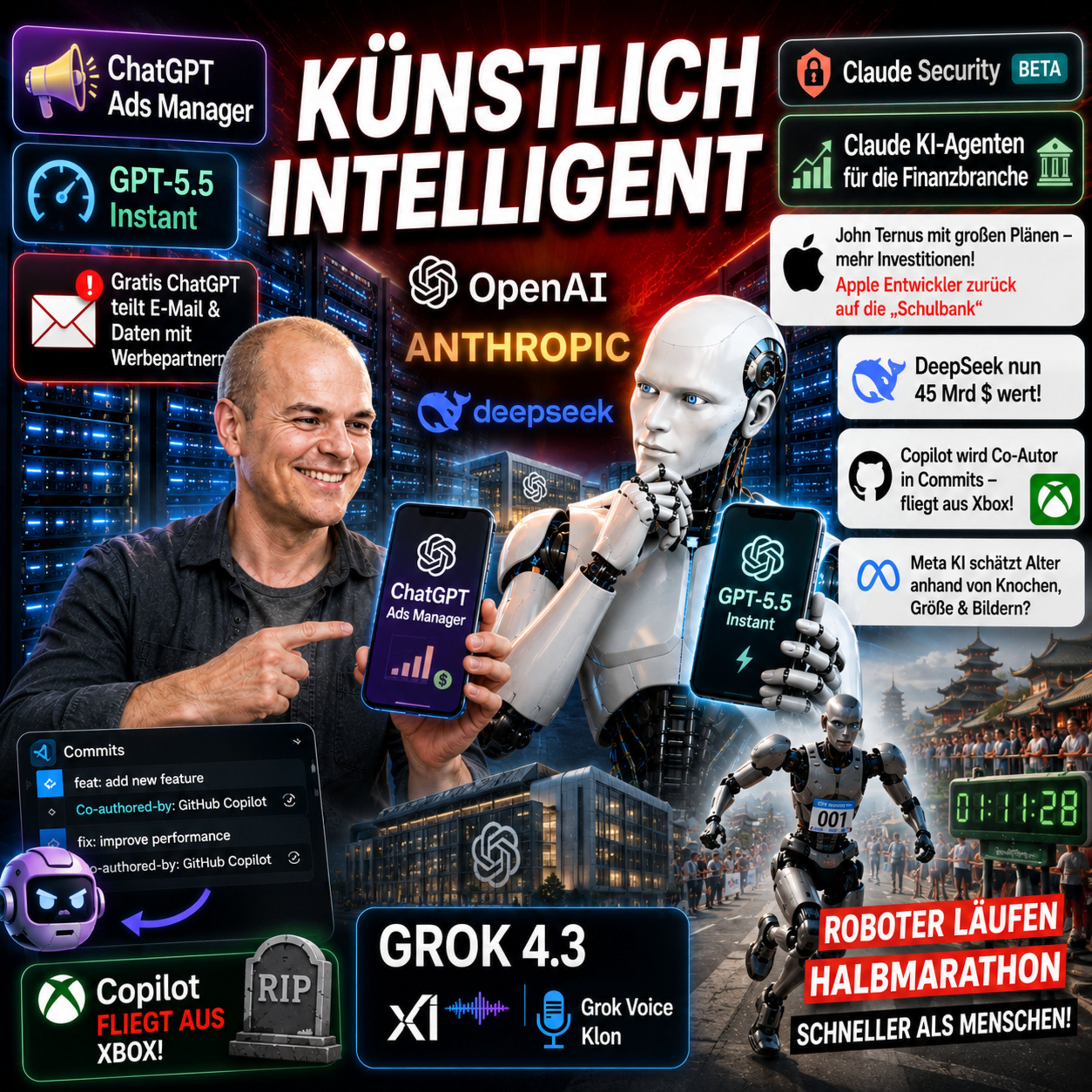 ChatGPT Ads Manager | ChatGPT-5.5 Instant wird Default | Claude Security | Apples neuer CEO kündigt Großes an | Microsoft Copilot wird Co Autor eures Codes | Grok 4.3 | Roboter laufen Halbmarathons