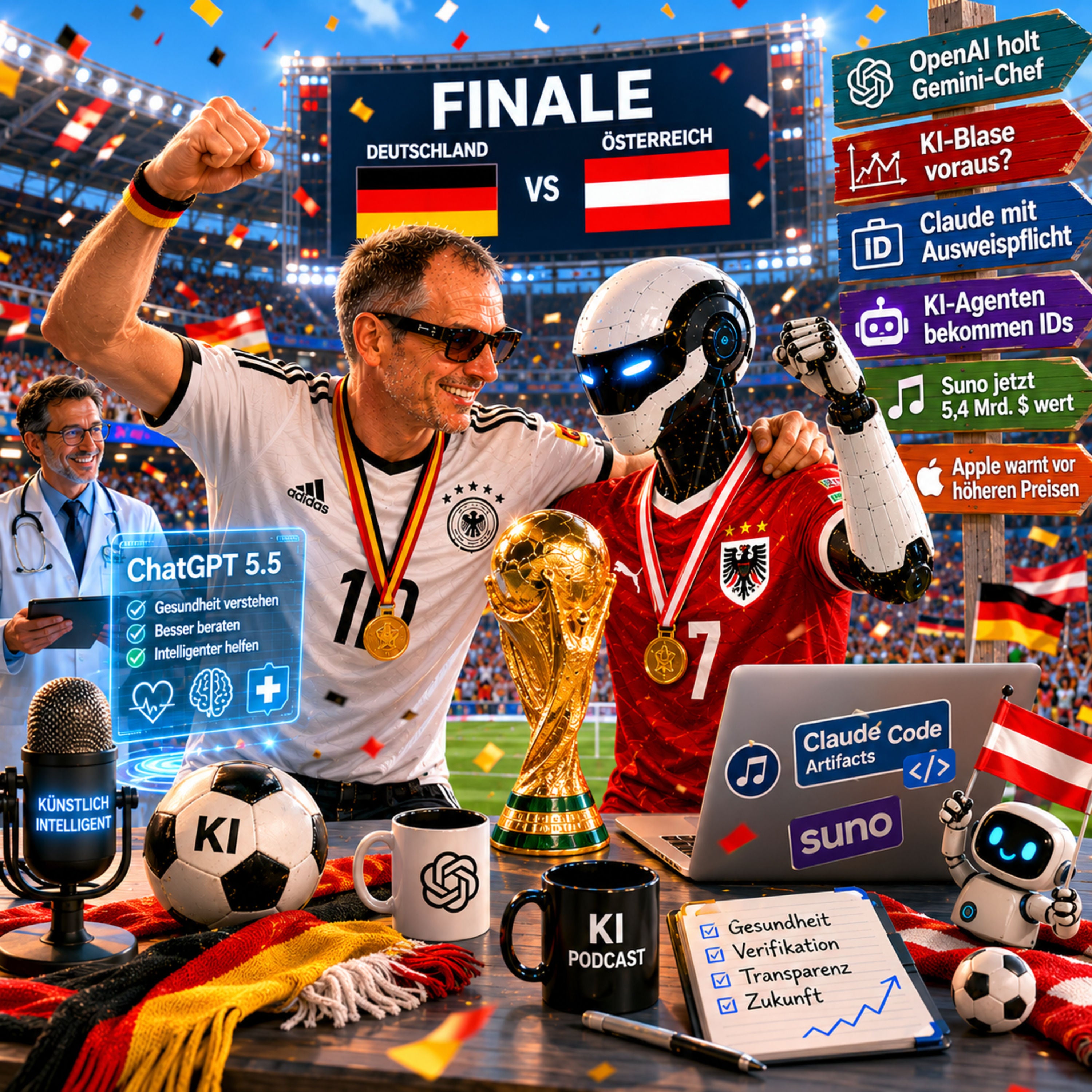 OpenAI holt Gemini-Chef | KI-Blase voraus? | Claude mit Ausweispflicht | KI-Agenten in Esland bekommen Ausweise | Suno 5,4 Mrd. $ | Apple iPhone wird teurer | Österreich gewinnt die Fifa WM (KI Video)