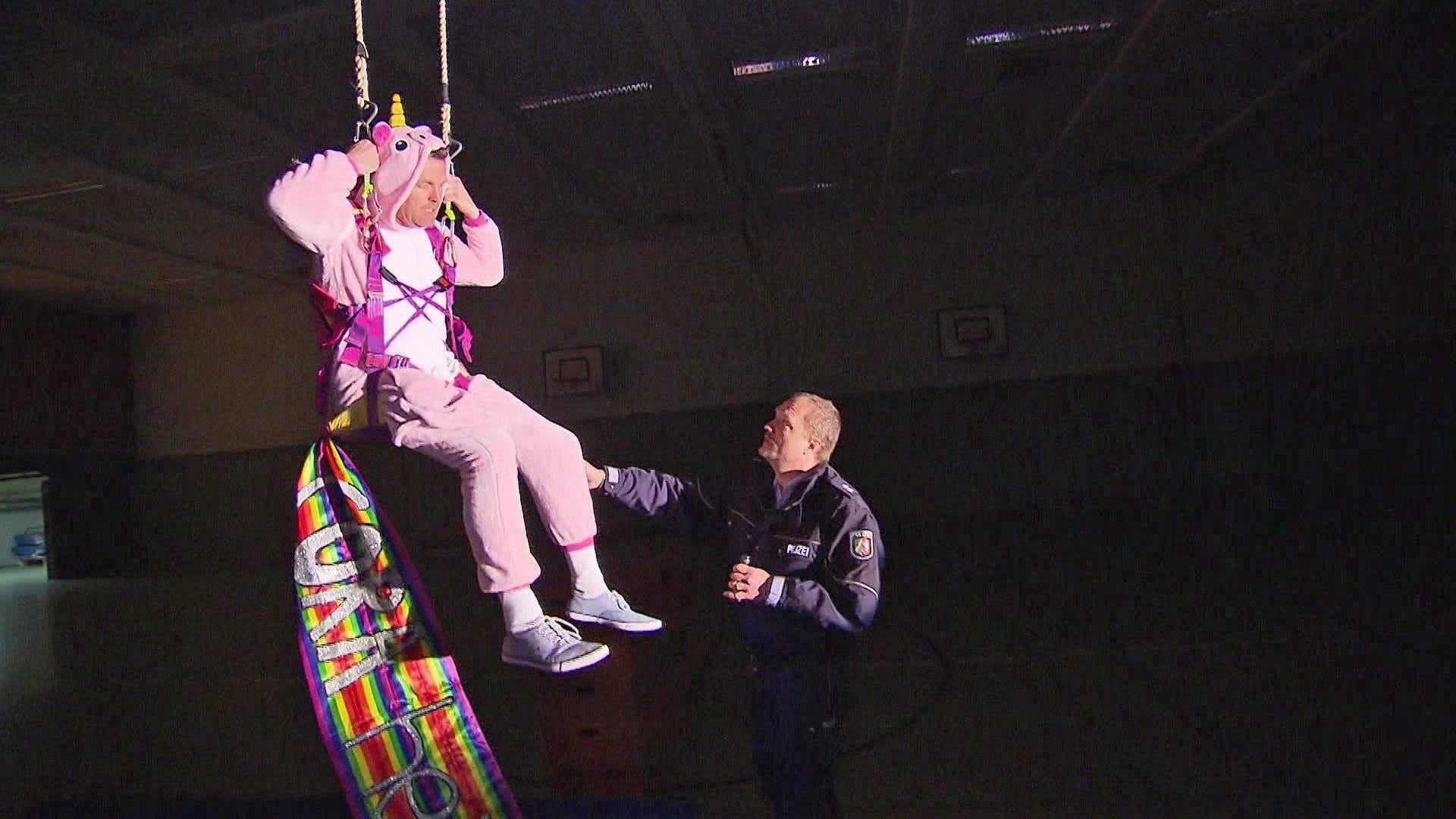 Verzweifeltes Einhorn baumelt in Turnhalle / Einbrecher entpuppen sich als Kinder
