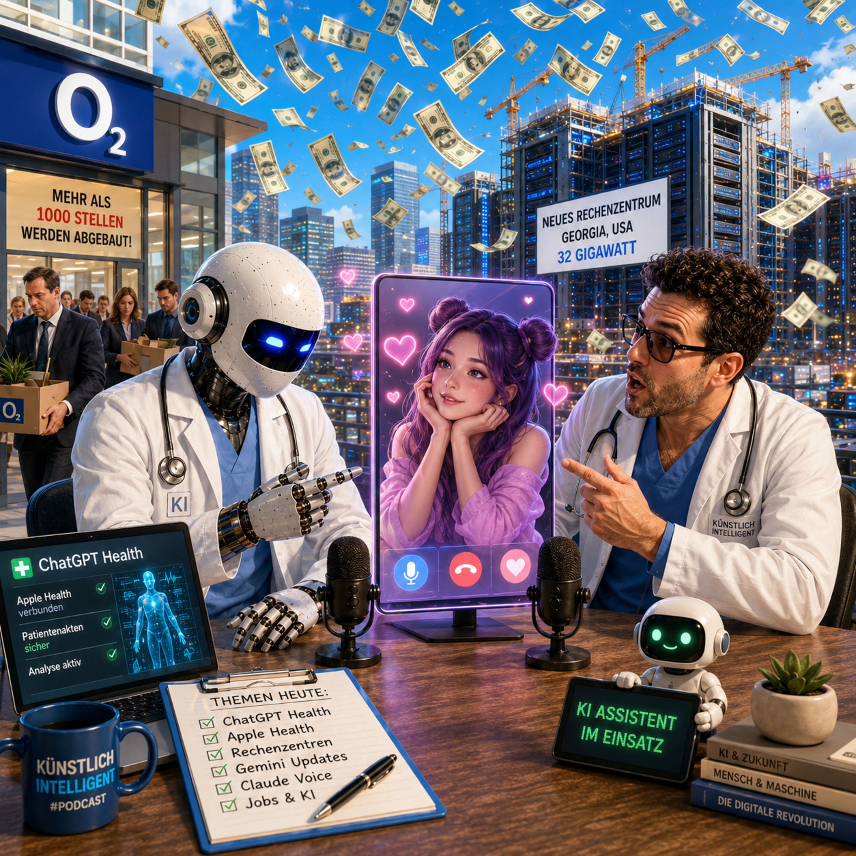 ChatGPT wird Gesundheitsberater | China verbietet KI-Liebe | OpenAI baut Mega-Rechenzentrum | Gemini 3.6 Flash | Claude Voice | o2 streicht stellen ua wegen KI