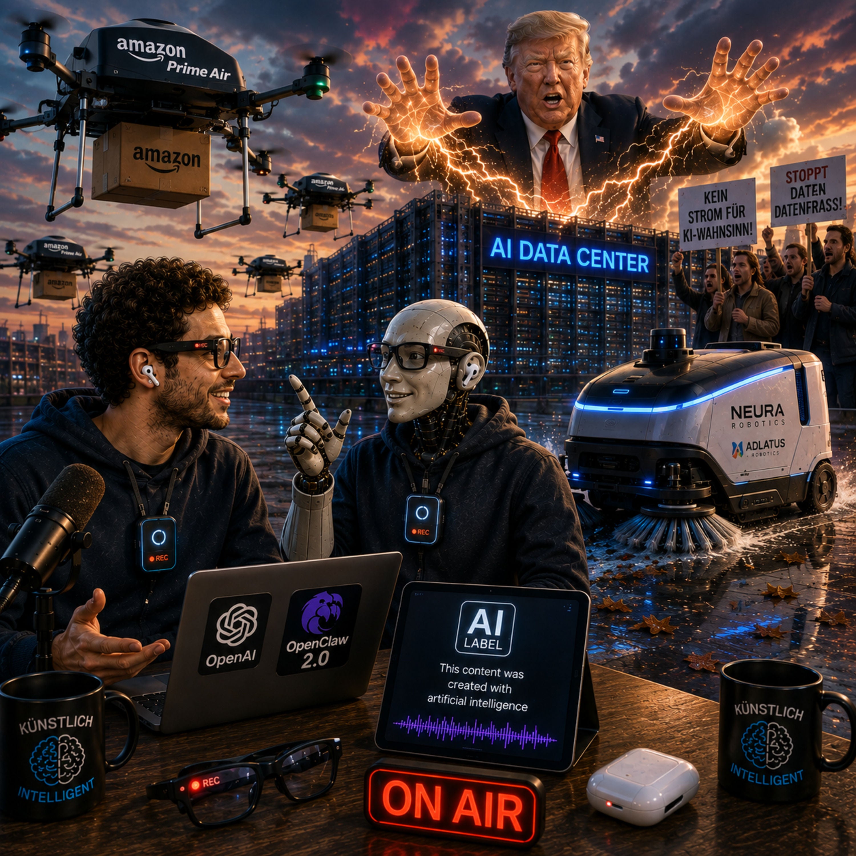OpenAI macht 1 Mrd Werbeumsatz | OpenClaw 2.0 | Amazon Prime Air mit neuen Liefer Drohnen | Neura Robotics übernimmt Reinigungsroboter Startup | Trump gegen Kritiker von KI-Rechenzentren