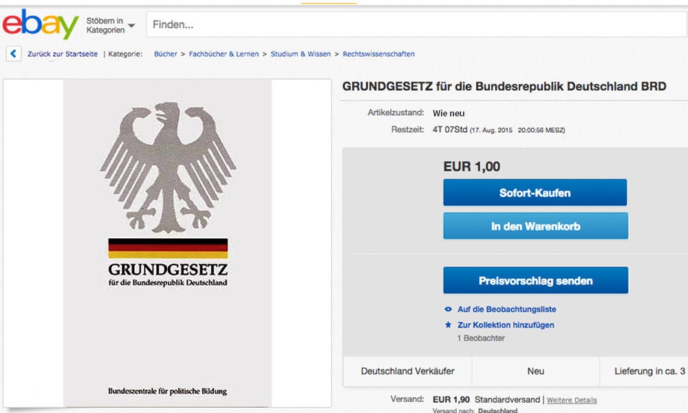 Kaum benutzt: eBay-Nutzer "vkauder49" versteigert gut erhaltenes Grundgesetz
